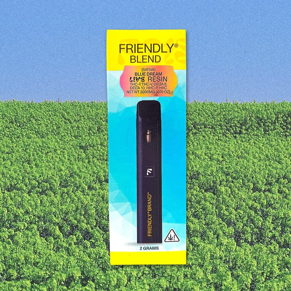 Image of Friendly Hemp's best-selling Friendly Blend vapes on a green field background.