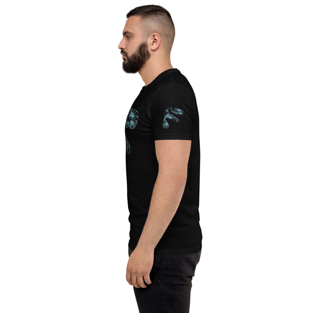 Side view of male model wearing Black Friendly T-shirt with blue hemp flower