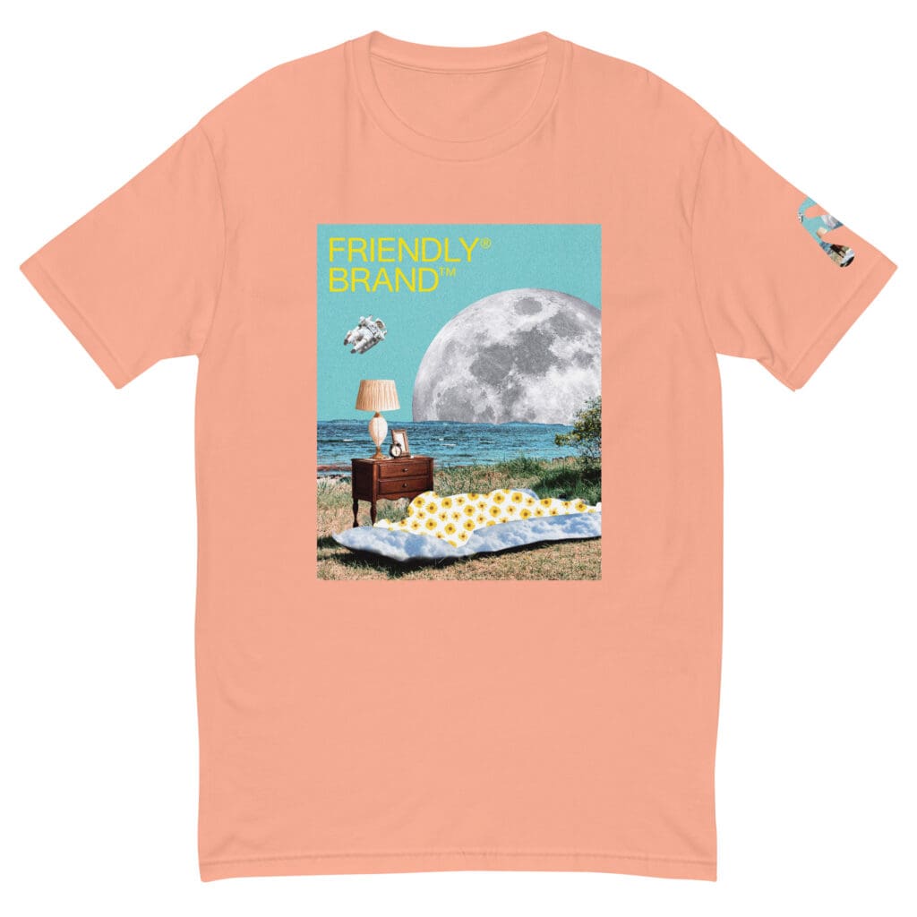 Desert Pink Friendly T-shirt with moon and sunbather collage