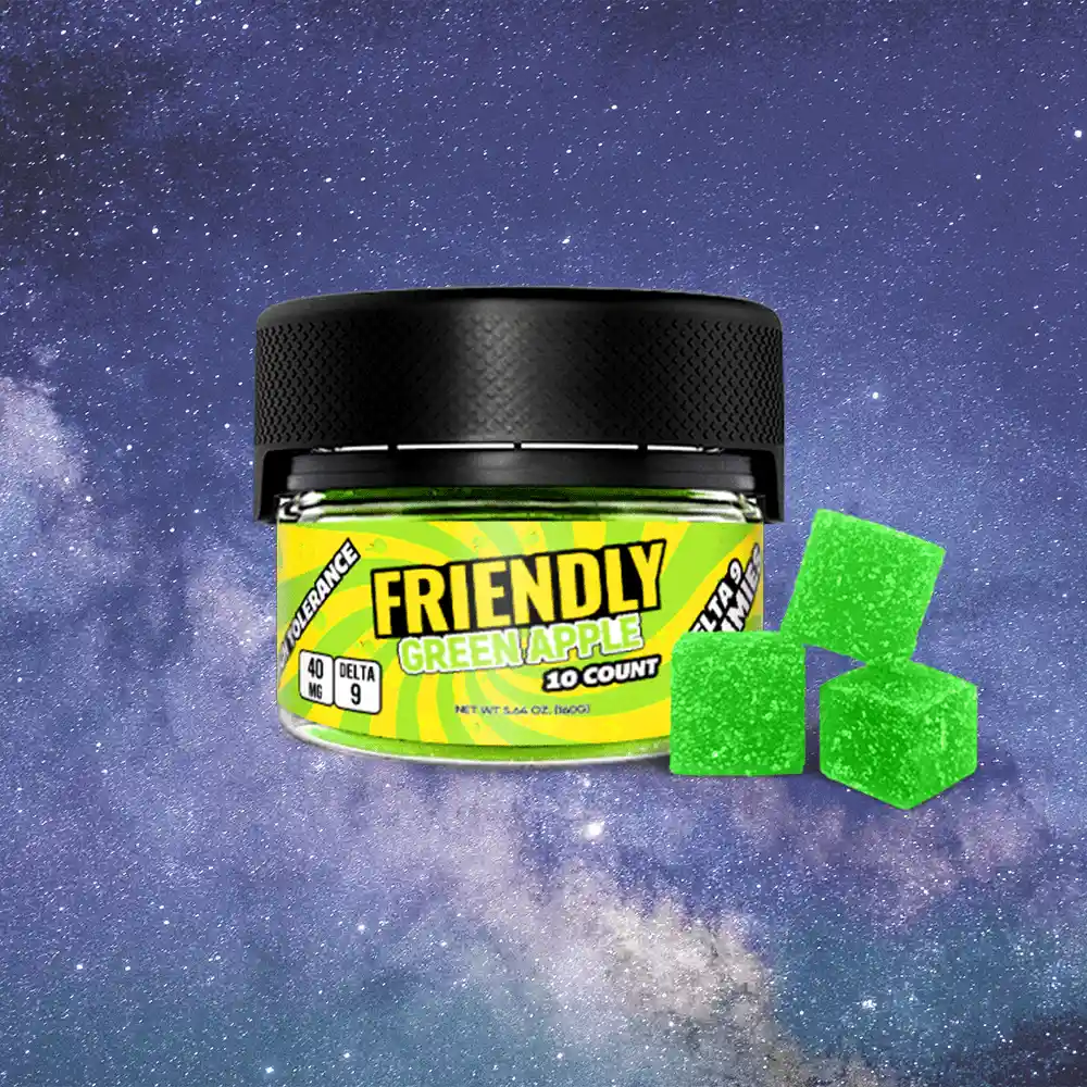 Image of Friendly Hemp's best-selling Delta 9 gummy on a galaxy background.